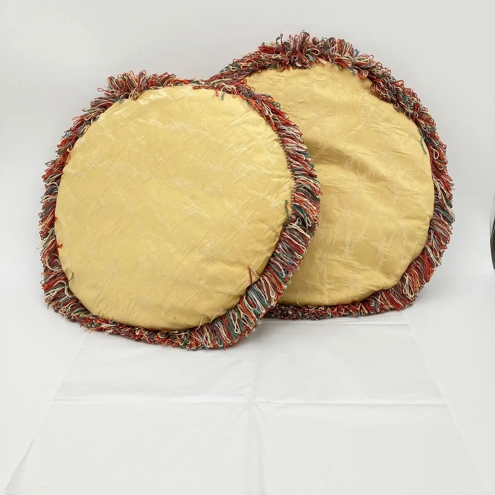 Pair of Vintage Hollywood Regency Round Throw Pillows Gold Brocade Multi Fringe